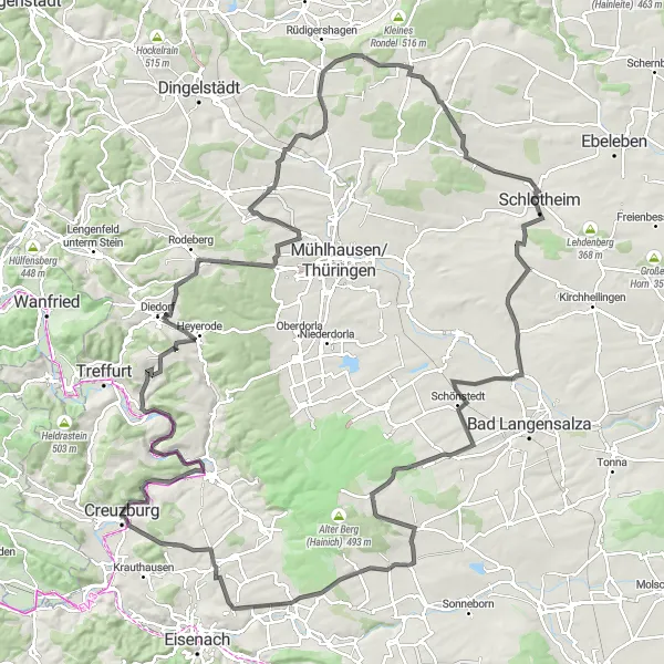 Map miniature of "Creuzburg Circuit" cycling inspiration in Thüringen, Germany. Generated by Tarmacs.app cycling route planner