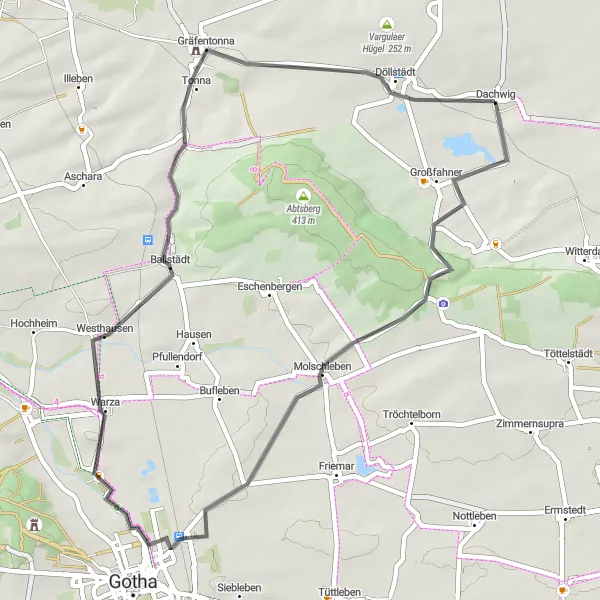 Karten-Miniaturansicht der Radinspiration "Thüringer Hügelland-Tour" in Thüringen, Germany. Erstellt vom Tarmacs.app-Routenplaner für Radtouren