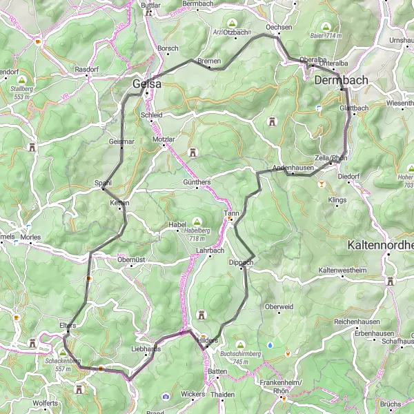 Map miniature of "Hill Challenge" cycling inspiration in Thüringen, Germany. Generated by Tarmacs.app cycling route planner