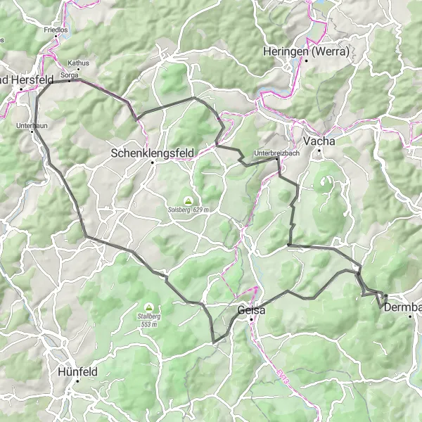 Map miniature of "Hesse Hill Challenge" cycling inspiration in Thüringen, Germany. Generated by Tarmacs.app cycling route planner