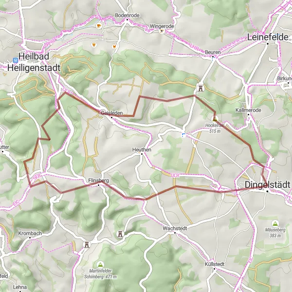 Karten-Miniaturansicht der Radinspiration "Dingelstädt Gravel Tour" in Thüringen, Germany. Erstellt vom Tarmacs.app-Routenplaner für Radtouren