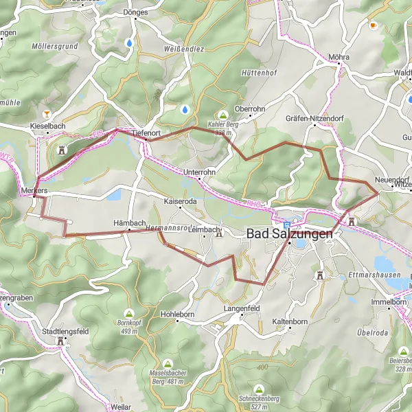 Map miniature of "Krayenberg to Leimbach Gravel Route" cycling inspiration in Thüringen, Germany. Generated by Tarmacs.app cycling route planner