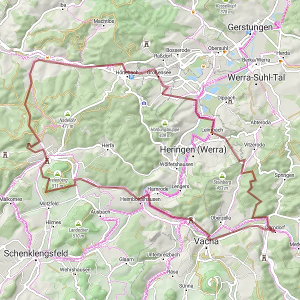 Karten-Miniaturansicht der Radinspiration "Märchenhafte Tour durch den Werra-Meißner-Kreis" in Thüringen, Germany. Erstellt vom Tarmacs.app-Routenplaner für Radtouren