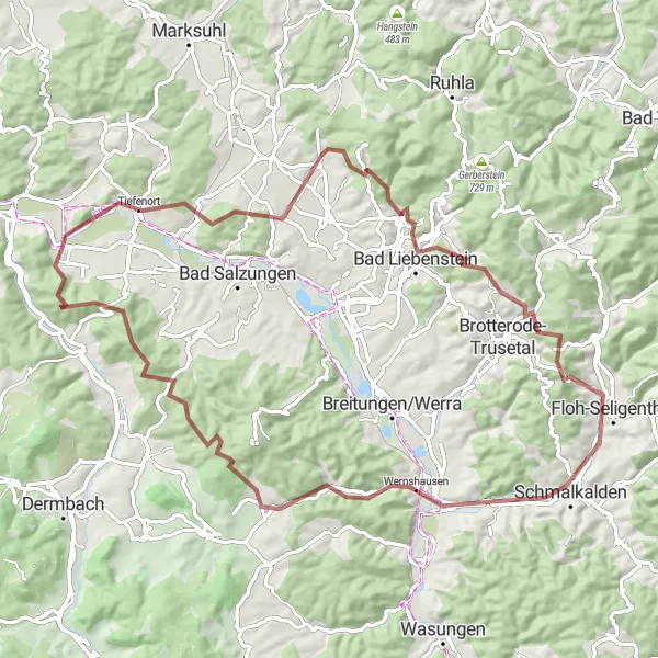 Map miniature of "Extreme Gravel Challenge: Dorndorf to Merkers" cycling inspiration in Thüringen, Germany. Generated by Tarmacs.app cycling route planner