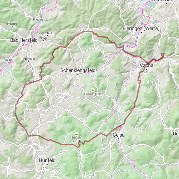 Map miniature of "Vacha to Philippsthal Gravel Route" cycling inspiration in Thüringen, Germany. Generated by Tarmacs.app cycling route planner