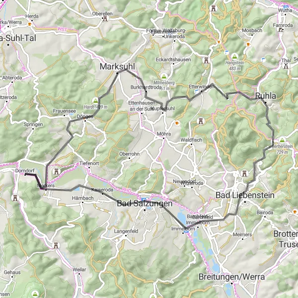 Karten-Miniaturansicht der Radinspiration "Thüringer Wald Rundtour" in Thüringen, Germany. Erstellt vom Tarmacs.app-Routenplaner für Radtouren