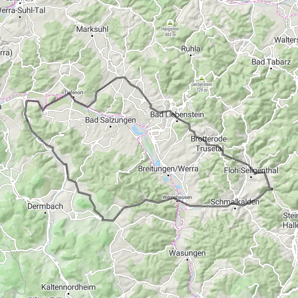 Map miniature of "Challenging Road Ride from Dorndorf" cycling inspiration in Thüringen, Germany. Generated by Tarmacs.app cycling route planner