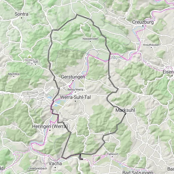 Map miniature of "Unterzella to Frauensee Road Route" cycling inspiration in Thüringen, Germany. Generated by Tarmacs.app cycling route planner