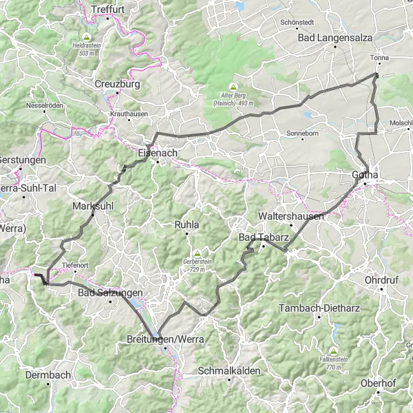 Map miniature of "Iconic Hills and Historic Sites" cycling inspiration in Thüringen, Germany. Generated by Tarmacs.app cycling route planner