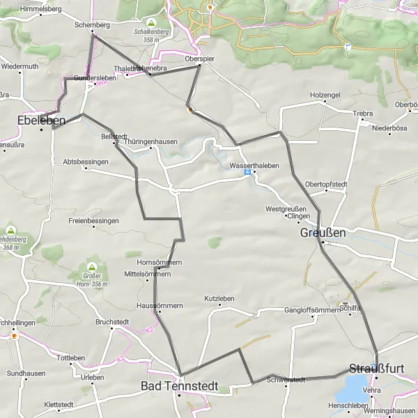 Map miniature of "The Schernberg and Wolferschwenda Loop" cycling inspiration in Thüringen, Germany. Generated by Tarmacs.app cycling route planner