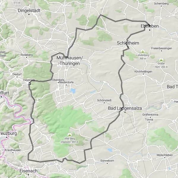 Map miniature of "The Thuringian Hills Road" cycling inspiration in Thüringen, Germany. Generated by Tarmacs.app cycling route planner