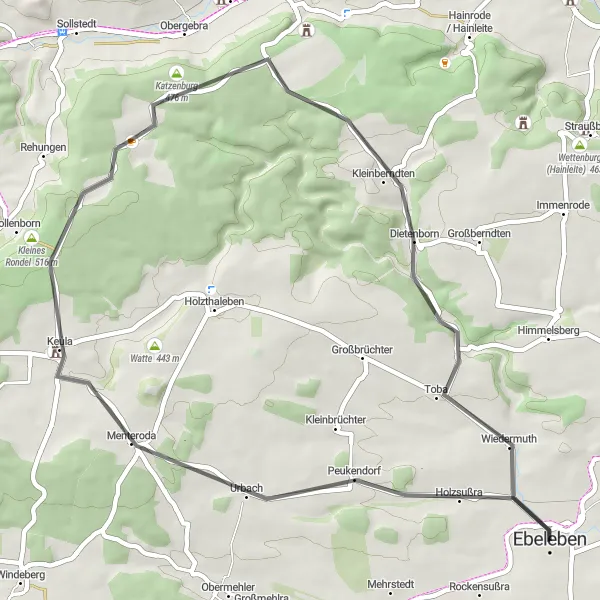 Map miniature of "The Nußberg Route" cycling inspiration in Thüringen, Germany. Generated by Tarmacs.app cycling route planner