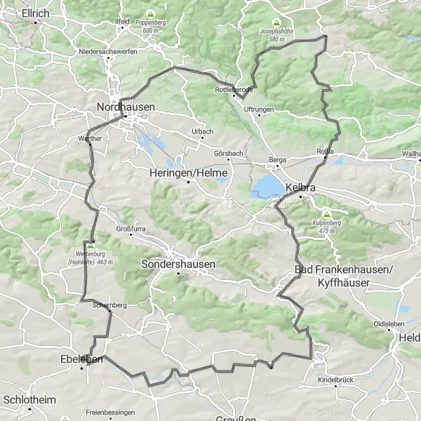 Karten-Miniaturansicht der Radinspiration "Hainleite und Kyffhäuserroute" in Thüringen, Germany. Erstellt vom Tarmacs.app-Routenplaner für Radtouren