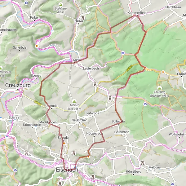 Map miniature of "Gravel Journey" cycling inspiration in Thüringen, Germany. Generated by Tarmacs.app cycling route planner