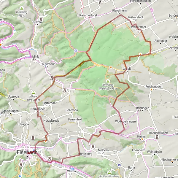 Karten-Miniaturansicht der Radinspiration "Werra-Upland-Tour von Eisenach" in Thüringen, Germany. Erstellt vom Tarmacs.app-Routenplaner für Radtouren