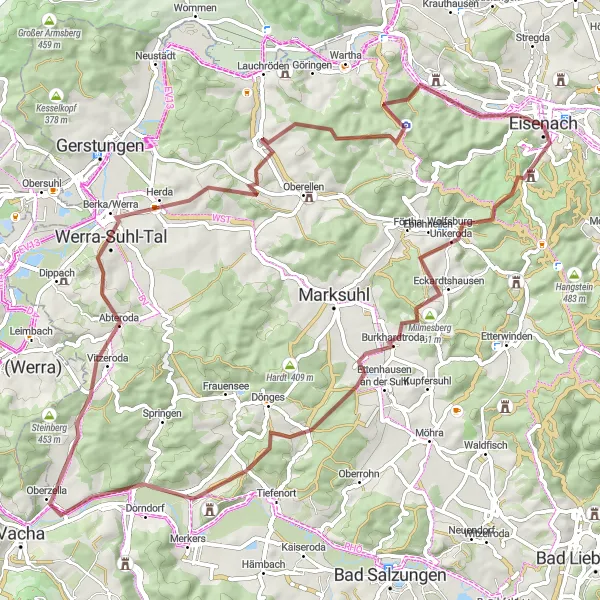 Karten-Miniaturansicht der Radinspiration "Krayenberg und Werra-Suhl-Tal Gravel Tour" in Thüringen, Germany. Erstellt vom Tarmacs.app-Routenplaner für Radtouren