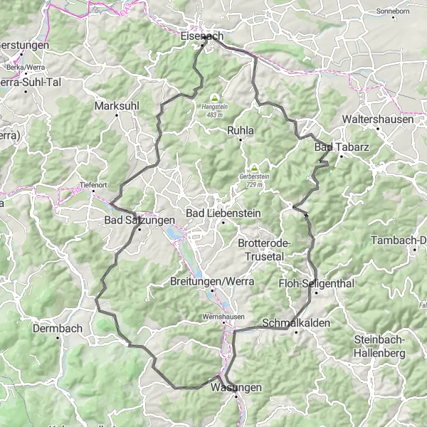 Karten-Miniaturansicht der Radinspiration "Wartburg und Inselsberg Rundfahrt" in Thüringen, Germany. Erstellt vom Tarmacs.app-Routenplaner für Radtouren