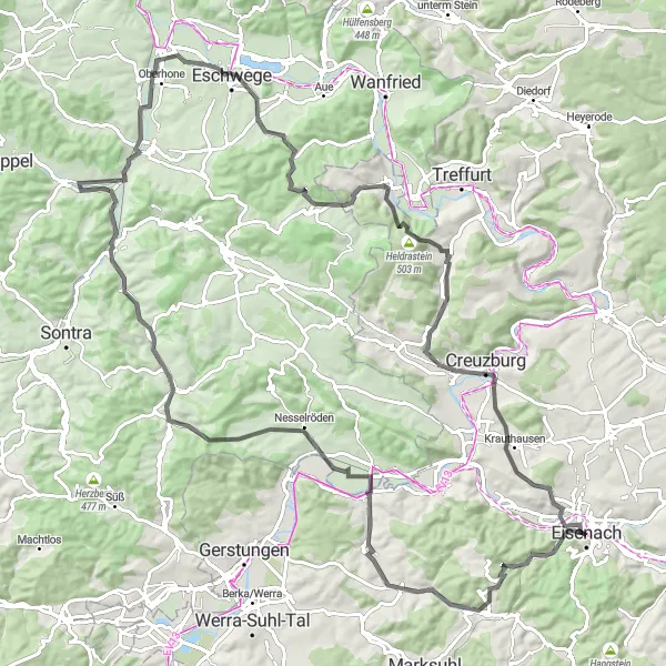 Map miniature of "The Eisenach Loop" cycling inspiration in Thüringen, Germany. Generated by Tarmacs.app cycling route planner