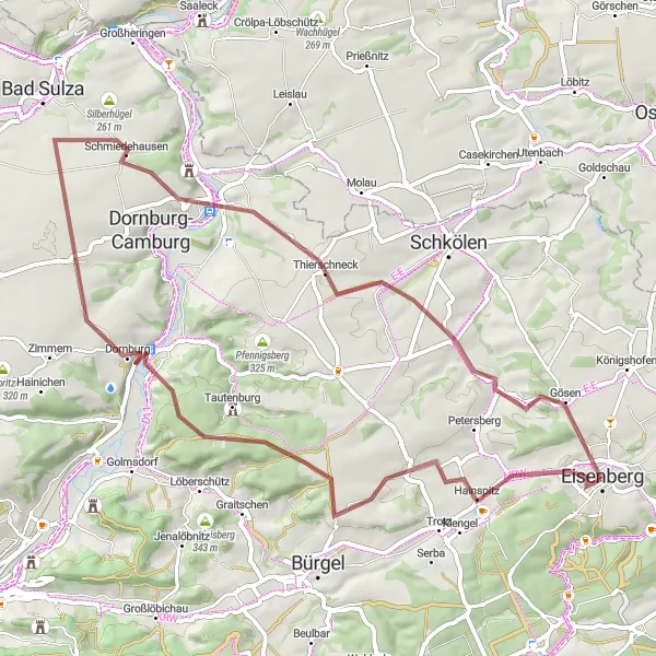 Map miniature of "Eisenberg Gravel Escape" cycling inspiration in Thüringen, Germany. Generated by Tarmacs.app cycling route planner