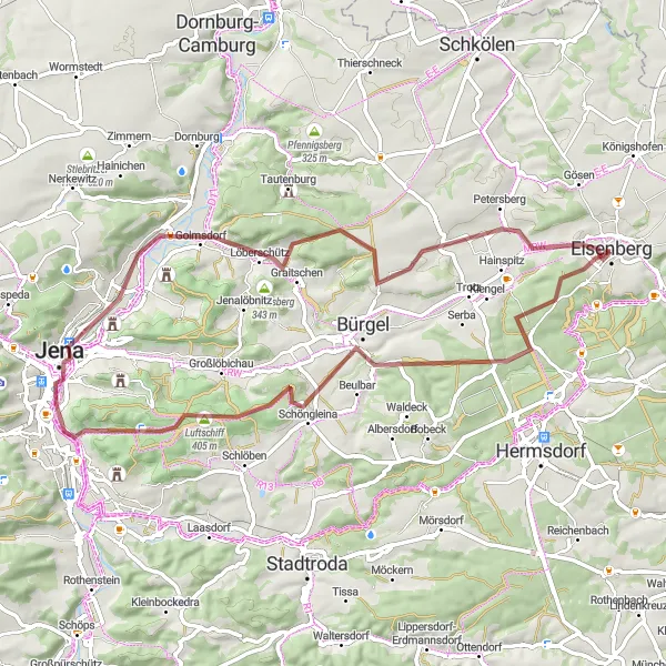Map miniature of "Jewels of Jena" cycling inspiration in Thüringen, Germany. Generated by Tarmacs.app cycling route planner
