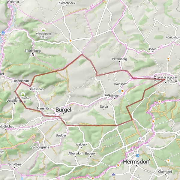Map miniature of "Eisenberg Rauschwitz Gravel Adventure" cycling inspiration in Thüringen, Germany. Generated by Tarmacs.app cycling route planner