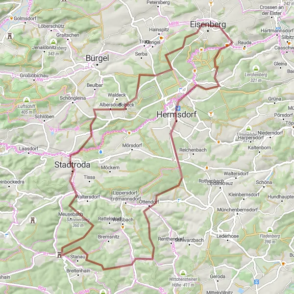 Map miniature of "Eisenberg and Beyond" cycling inspiration in Thüringen, Germany. Generated by Tarmacs.app cycling route planner