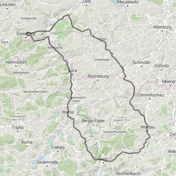 Map miniature of "Eisenberg Elster River Adventure" cycling inspiration in Thüringen, Germany. Generated by Tarmacs.app cycling route planner