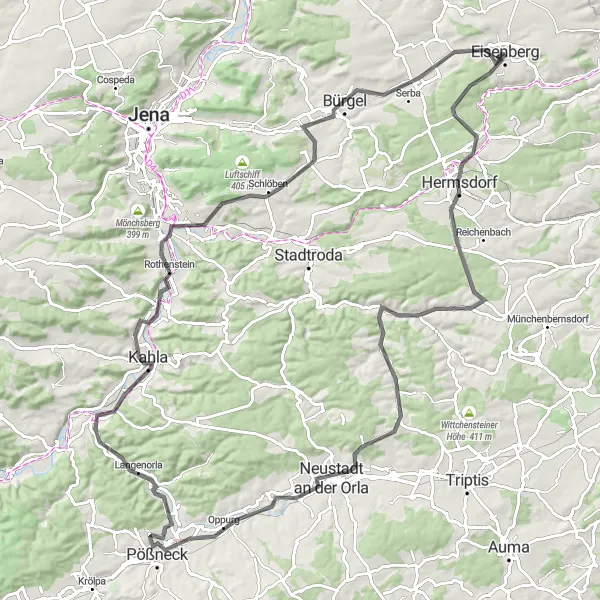 Map miniature of "Thüringen Loop" cycling inspiration in Thüringen, Germany. Generated by Tarmacs.app cycling route planner