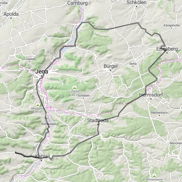 Karten-Miniaturansicht der Radinspiration "Rundfahrt um Eisenberg" in Thüringen, Germany. Erstellt vom Tarmacs.app-Routenplaner für Radtouren