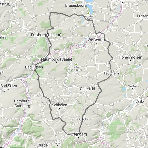 Karten-Miniaturansicht der Radinspiration "Thüringer Weinberge und Burgen" in Thüringen, Germany. Erstellt vom Tarmacs.app-Routenplaner für Radtouren