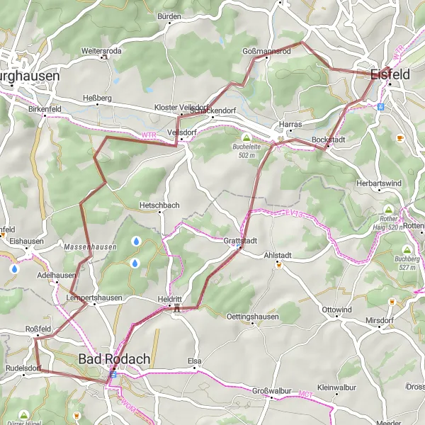 Karten-Miniaturansicht der Radinspiration "Gravelabenteuer durch Bockstadt und Veilsdorf" in Thüringen, Germany. Erstellt vom Tarmacs.app-Routenplaner für Radtouren