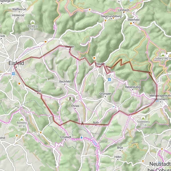 Map miniature of "Eisfeld to Neundorf Gravel Route" cycling inspiration in Thüringen, Germany. Generated by Tarmacs.app cycling route planner