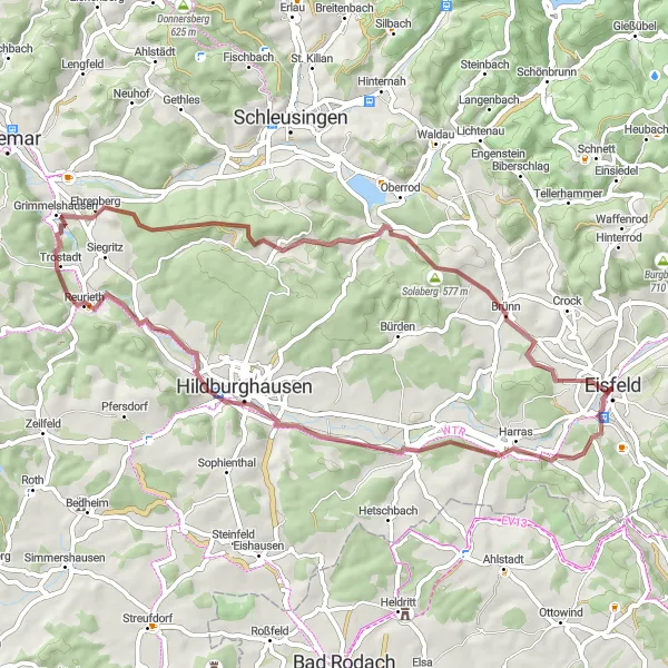Map miniature of "Eisfeld to Bockstadt Gravel Loop" cycling inspiration in Thüringen, Germany. Generated by Tarmacs.app cycling route planner