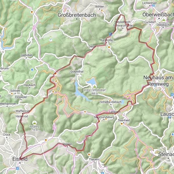 Map miniature of "Panoramic Challenge: Eisfeld to Stelzener Berg Gravel Ride" cycling inspiration in Thüringen, Germany. Generated by Tarmacs.app cycling route planner