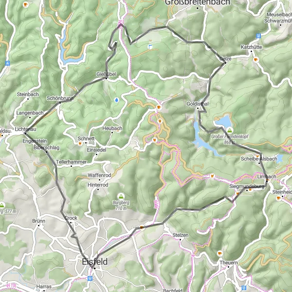 Map miniature of "Eisfeld to Sachsenbrunn Road Route" cycling inspiration in Thüringen, Germany. Generated by Tarmacs.app cycling route planner