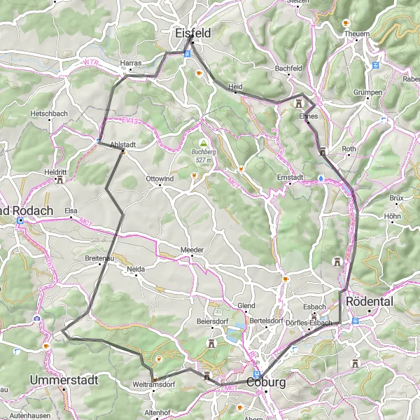 Karten-Miniaturansicht der Radinspiration "Erkundungstour von Eisfeld nach Coburg" in Thüringen, Germany. Erstellt vom Tarmacs.app-Routenplaner für Radtouren