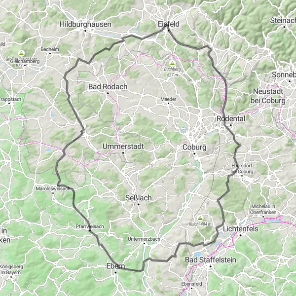Map miniature of "Road Cycling Adventure in Thuringia" cycling inspiration in Thüringen, Germany. Generated by Tarmacs.app cycling route planner