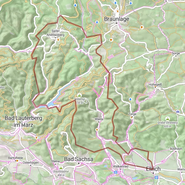 Map miniature of "Ellrich Gravel Adventure" cycling inspiration in Thüringen, Germany. Generated by Tarmacs.app cycling route planner