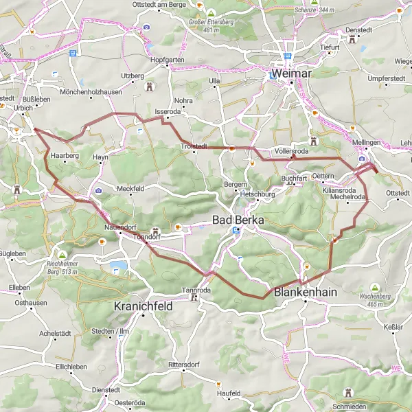 Karten-Miniaturansicht der Radinspiration "Rundtour von Bechstedtstraß über Ottstedter Berg und Galgenberg" in Thüringen, Germany. Erstellt vom Tarmacs.app-Routenplaner für Radtouren