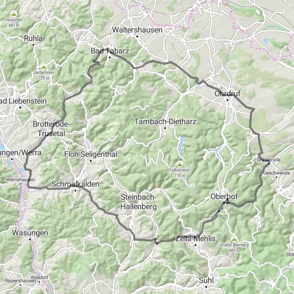 Map miniature of "Thüringen's Great Road Challenge" cycling inspiration in Thüringen, Germany. Generated by Tarmacs.app cycling route planner