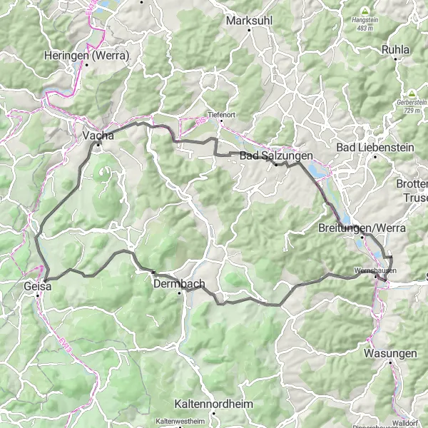 Map miniature of "The Hidden Gem Road Adventure" cycling inspiration in Thüringen, Germany. Generated by Tarmacs.app cycling route planner