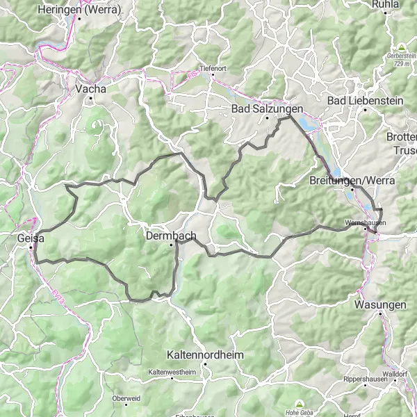 Karten-Miniaturansicht der Radinspiration "Herausfordernde Tour um Fambach" in Thüringen, Germany. Erstellt vom Tarmacs.app-Routenplaner für Radtouren