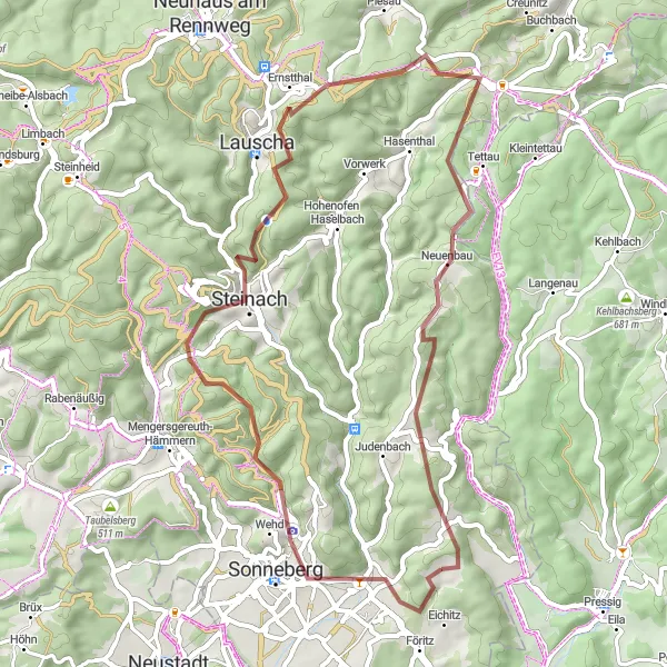 Map miniature of "Thuringian Gravel Ride" cycling inspiration in Thüringen, Germany. Generated by Tarmacs.app cycling route planner