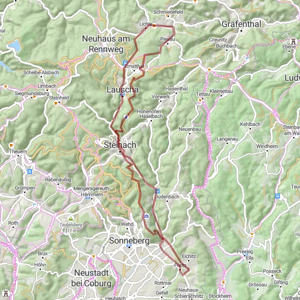 Karten-Miniaturansicht der Radinspiration "Idyllische Schluchten und Bergstraßen" in Thüringen, Germany. Erstellt vom Tarmacs.app-Routenplaner für Radtouren