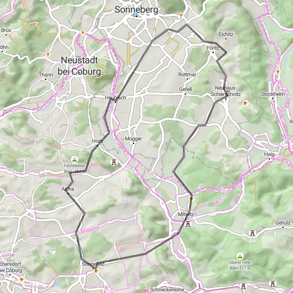 Map miniature of "Thuringian Road Tour" cycling inspiration in Thüringen, Germany. Generated by Tarmacs.app cycling route planner