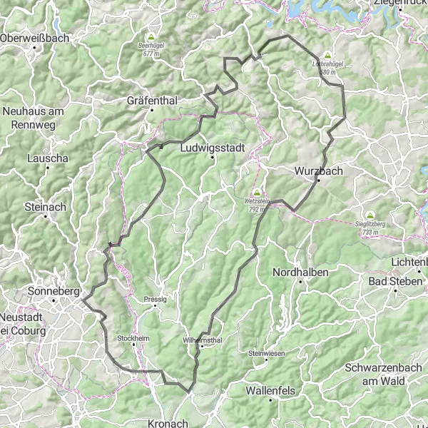 Karten-Miniaturansicht der Radinspiration "Hügelige Straßen und malerische Dörfer" in Thüringen, Germany. Erstellt vom Tarmacs.app-Routenplaner für Radtouren