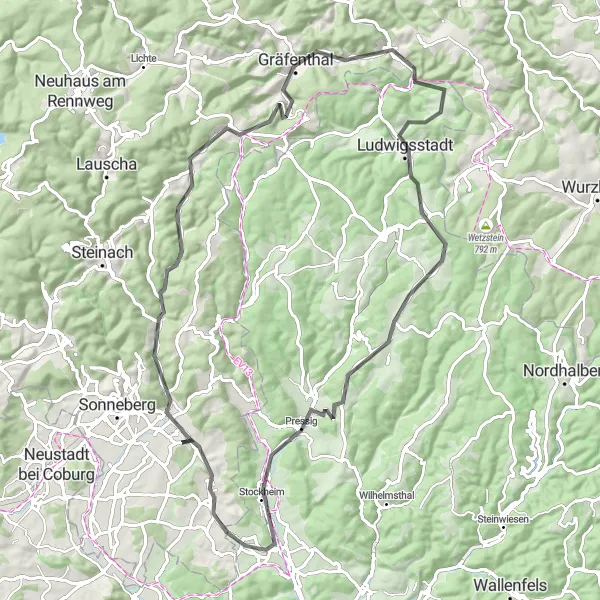 Map miniature of "Thuringian Road Adventure" cycling inspiration in Thüringen, Germany. Generated by Tarmacs.app cycling route planner