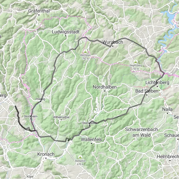 Karten-Miniaturansicht der Radinspiration "Herausfordernde Thüringer Höhen" in Thüringen, Germany. Erstellt vom Tarmacs.app-Routenplaner für Radtouren