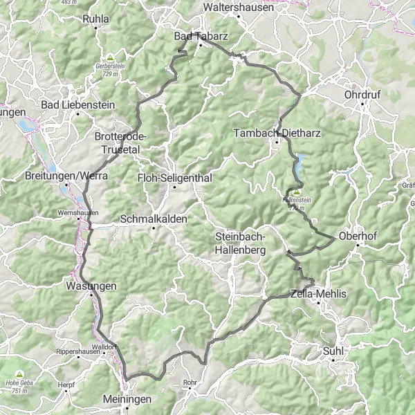 Karten-Miniaturansicht der Radinspiration "Rundweg um den Thüringer Wald" in Thüringen, Germany. Erstellt vom Tarmacs.app-Routenplaner für Radtouren