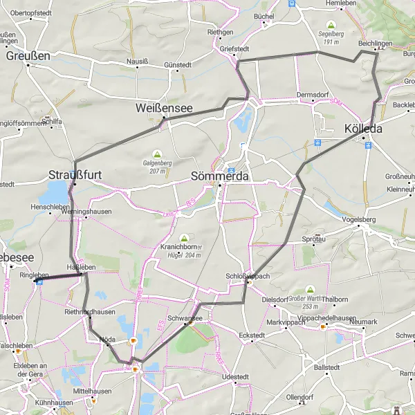 Karten-Miniaturansicht der Radinspiration "Erkundungstour von Haßleben nach Nöda" in Thüringen, Germany. Erstellt vom Tarmacs.app-Routenplaner für Radtouren